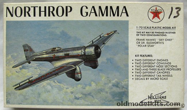 Williams Brothers 1/72 Northrop Gamma - Texaco Sky Chief or Polar Star, 72-214 plastic model kit